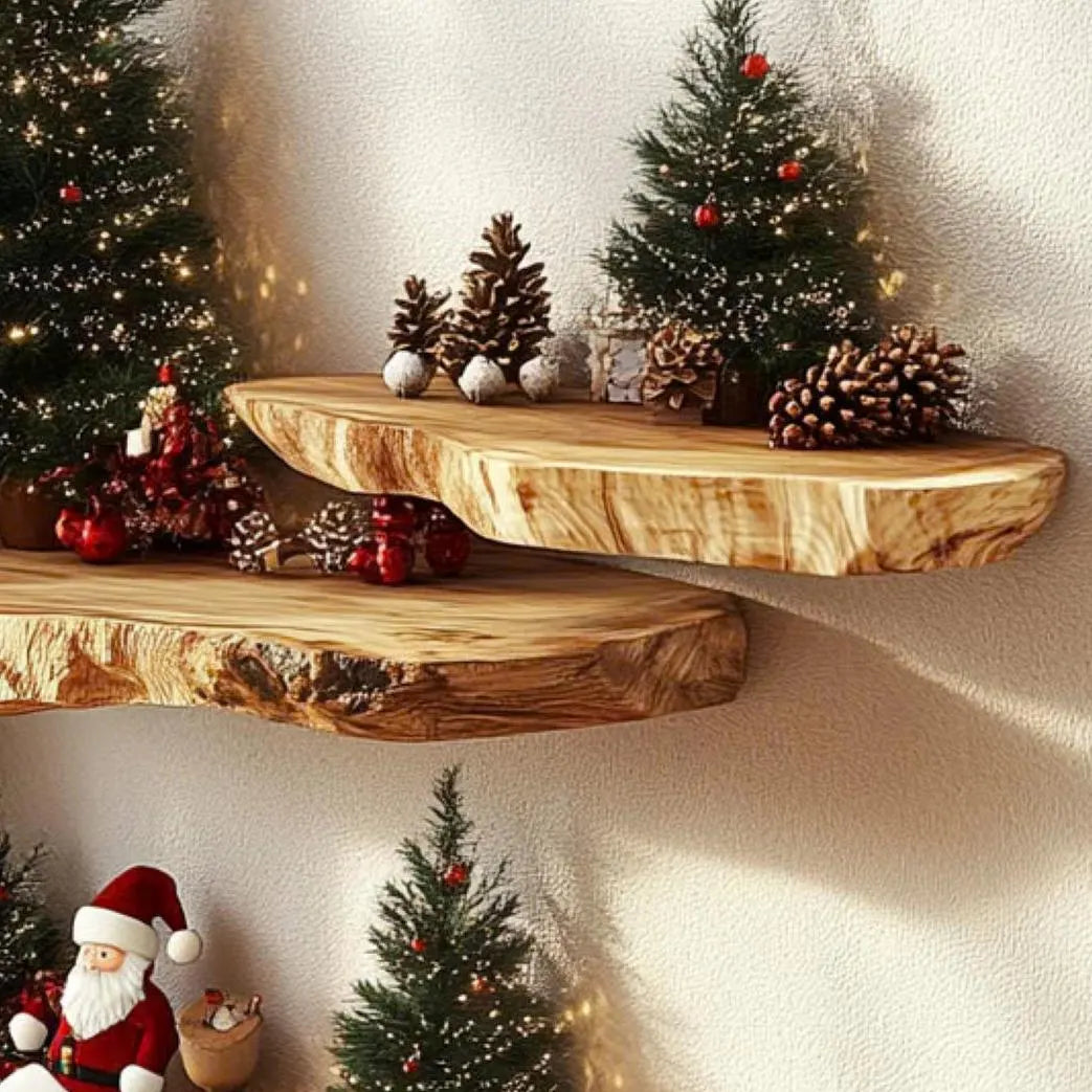Close view of live edge shelves holding mini trees, pine cones and ornaments