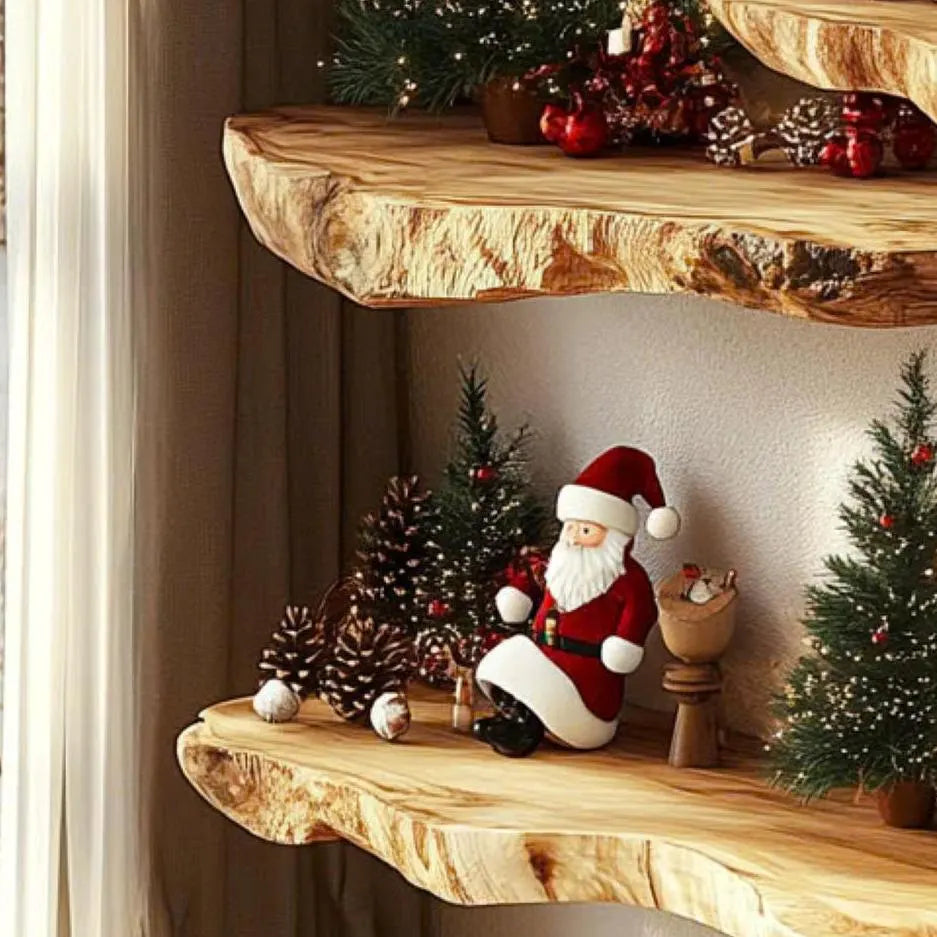 Live edge floating shelves with Christmas decorations by a window