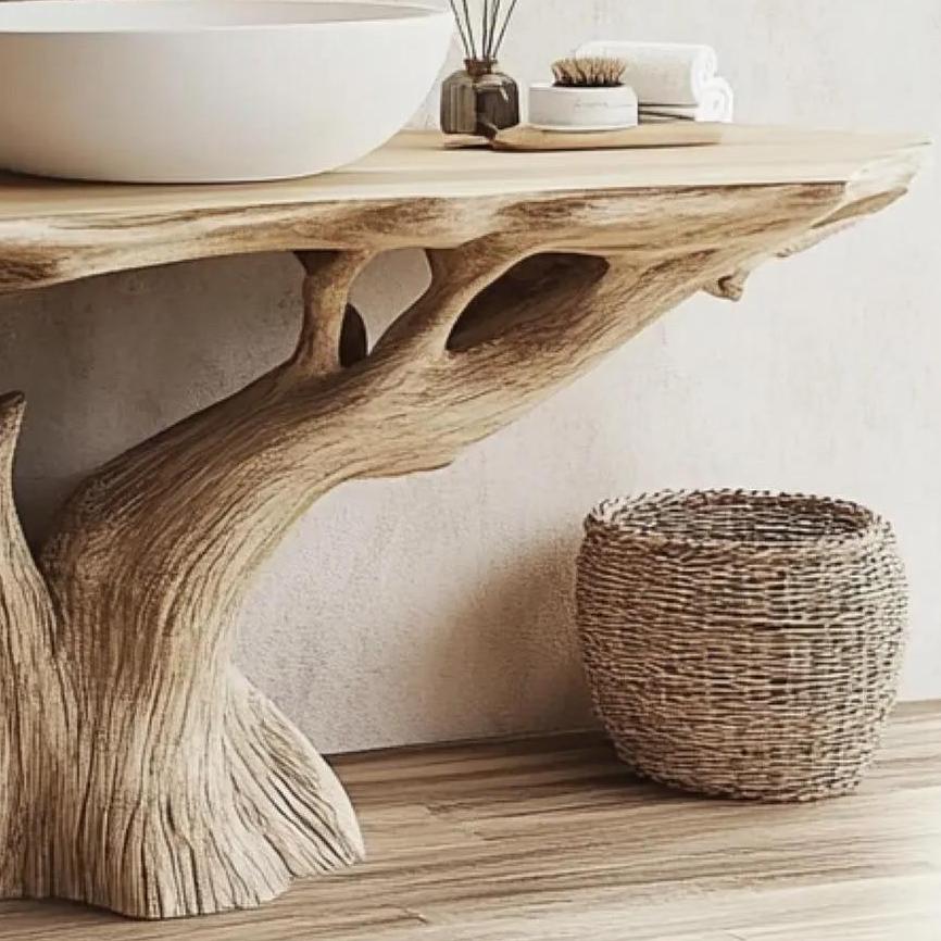 Rustic wood vanity with a round white sink on a natural slab top