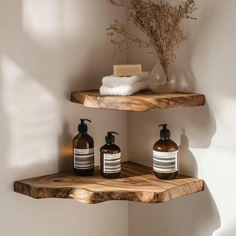 Live edge wood corner shelf set in a bathroom with towels and amber soap bottles
