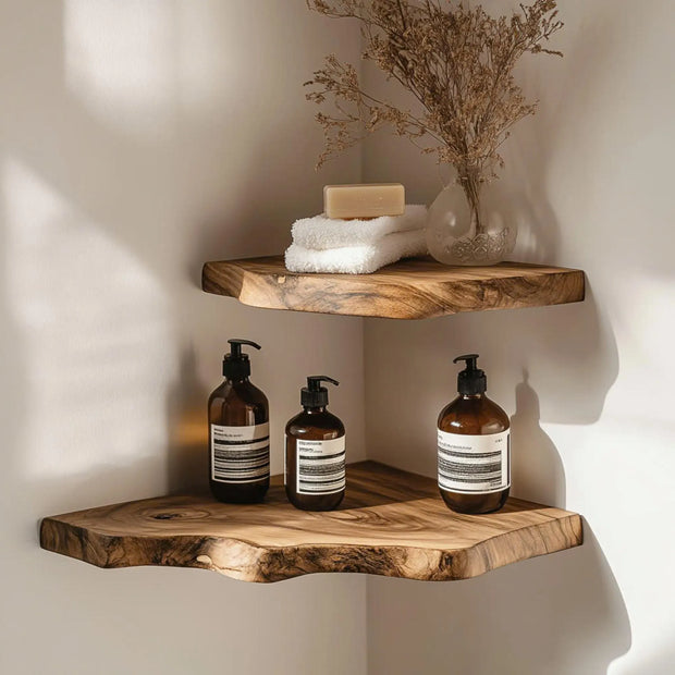 Live Edge Wood Floating Shelves – Rustic Corner Shelf Set