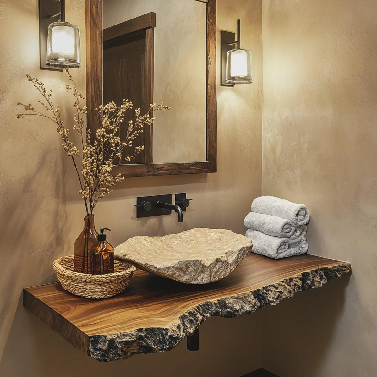 Rustic floating wood vanity with a stone vessel sink, mirror and wall lights