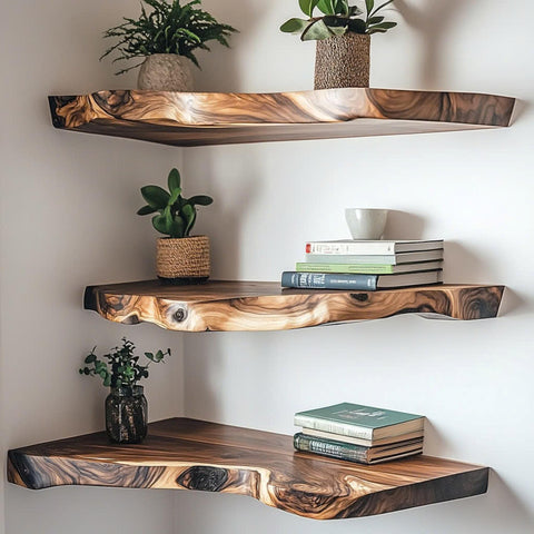 Rustic live edge floating corner shelves holding plants and books