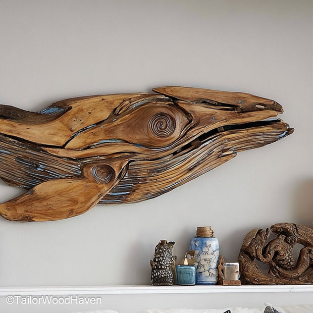 Driftwood Whale Wall Art handcrafted from real driftwood in the form of a whale silhouette, perfect for coastal homes or ocean inspired decor lovers
