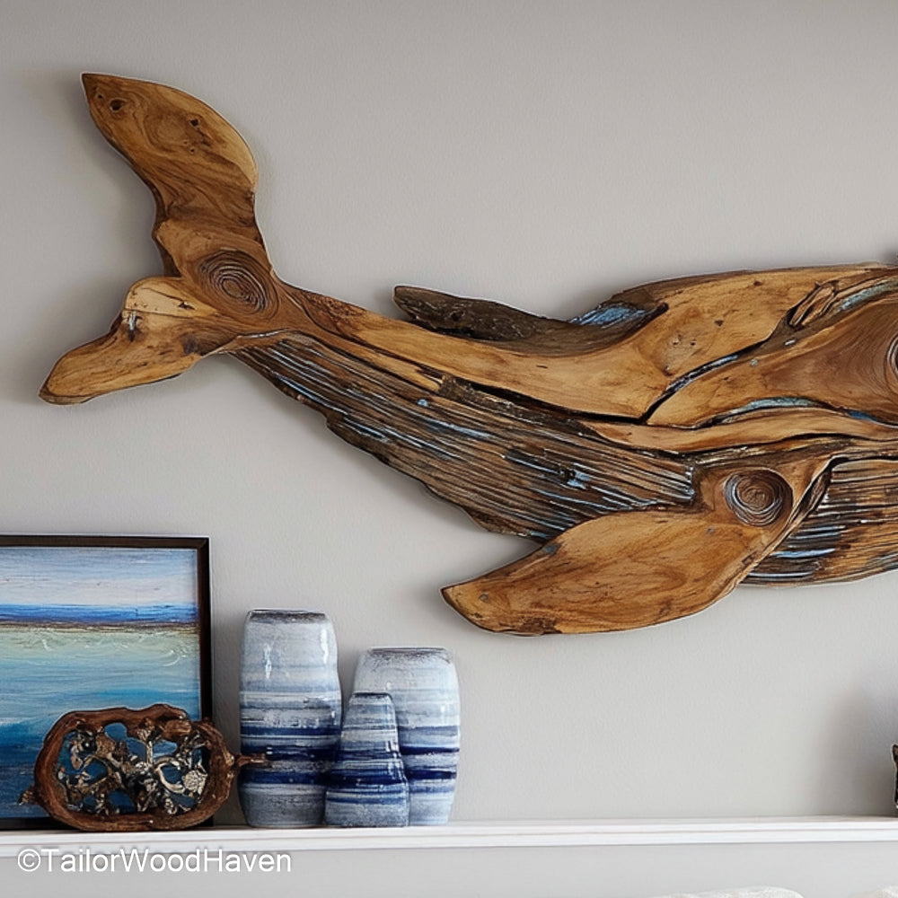 Driftwood Whale Wall Art handcrafted from real driftwood in the form of a whale silhouette, perfect for coastal homes or ocean inspired decor lovers