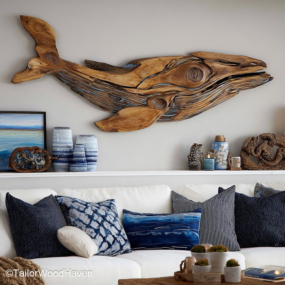 Driftwood Whale Wall Art handcrafted from real driftwood in the form of a whale silhouette, perfect for coastal homes or ocean inspired decor lovers