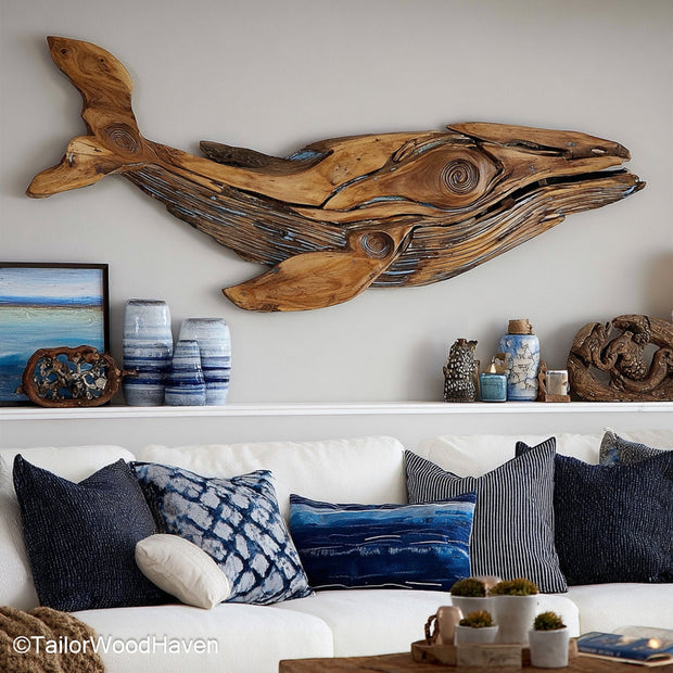 Driftwood Whale Wall Art handcrafted from real driftwood in the form of a whale silhouette, perfect for coastal homes or ocean inspired decor lovers