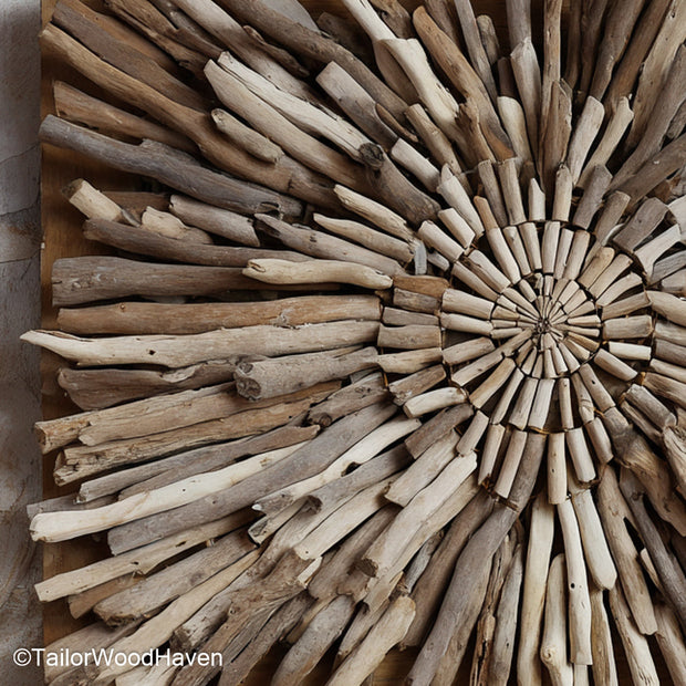 Wall Driftwood panel crafted from sun bleached driftwood branches in organic shapes, ideal for earthy accent walls or nature inspired coastal homes
