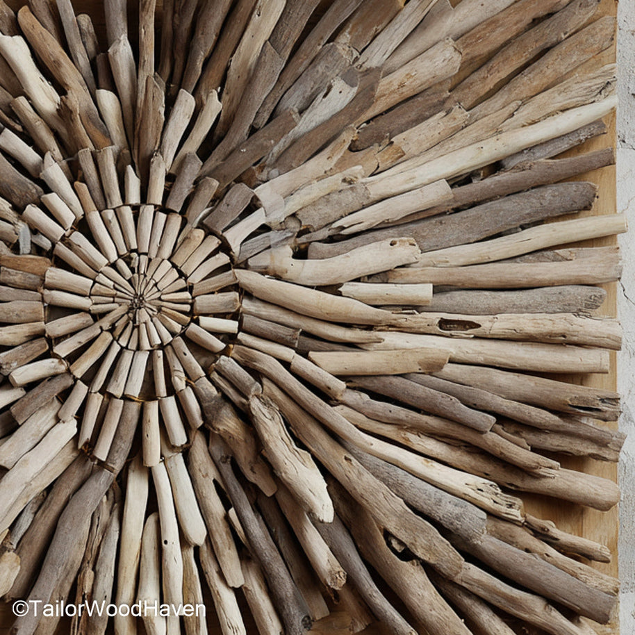Wall Driftwood panel crafted from sun bleached driftwood branches in organic shapes, ideal for earthy accent walls or nature inspired coastal homes