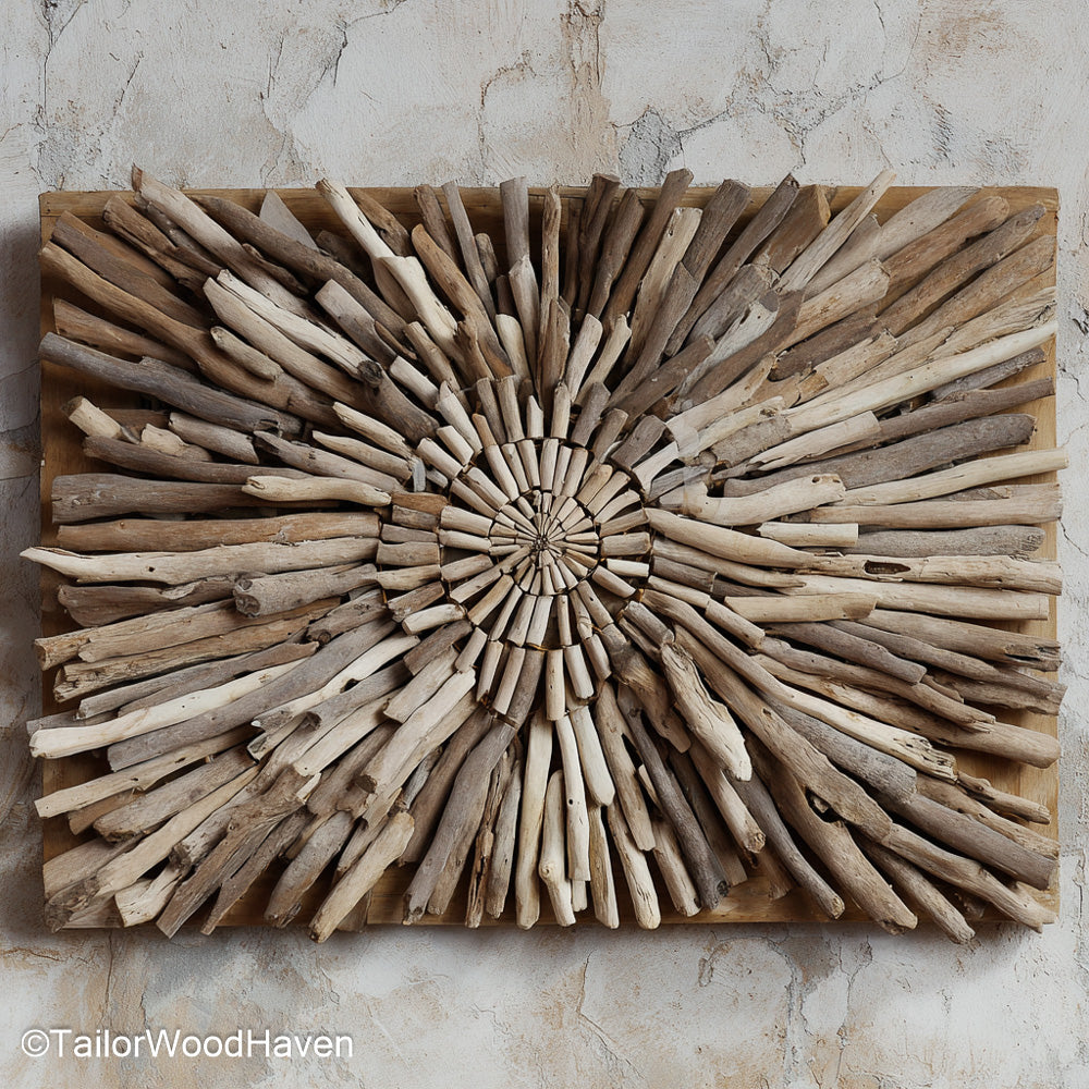 Wall Driftwood panel crafted from sun bleached driftwood branches in organic shapes, ideal for earthy accent walls or nature inspired coastal homes