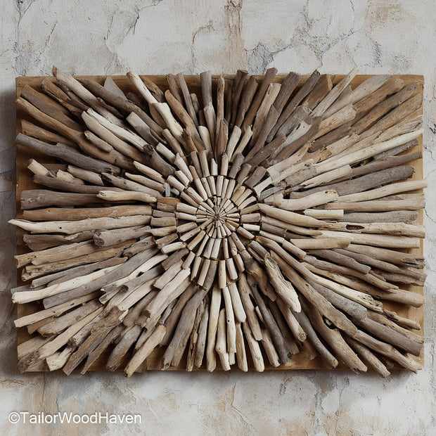Wall Driftwood panel crafted from sun bleached driftwood branches in organic shapes, ideal for earthy accent walls or nature inspired coastal homes