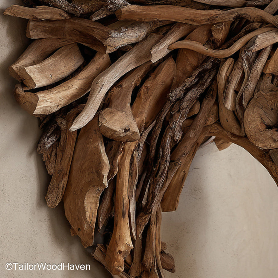 Drift Wood Wall sculpture made from natural ocean-collected driftwood, arranged in a textured wall display perfect for rustic or coastal interiors