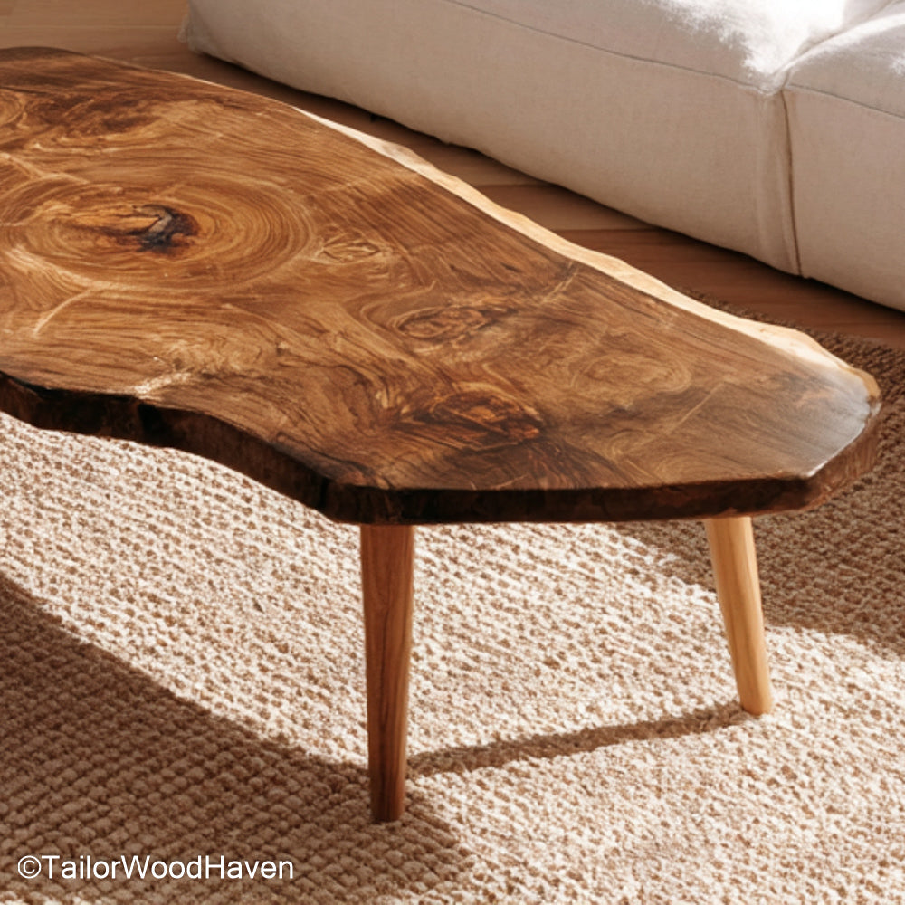Small wood slab coffee table made from real timber with a sealed live edge and compact form, ideal for cozy living rooms or small seating areas