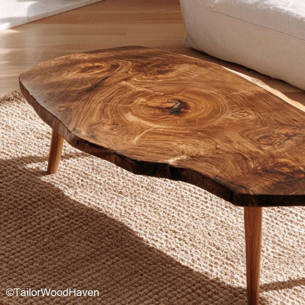 Small wood slab coffee table made from real timber with a sealed live edge and compact form, ideal for cozy living rooms or small seating areas