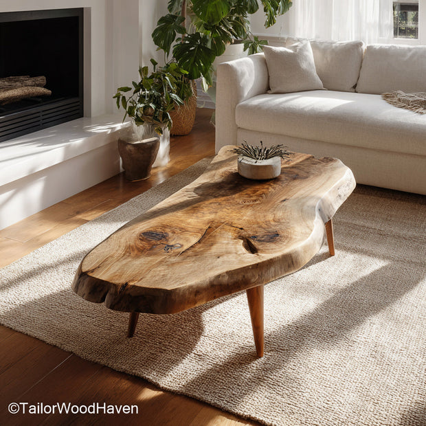 Oak slab coffee table crafted from solid oak with smooth top and bold edge grain, offering a durable and elegant surface for rustic living rooms