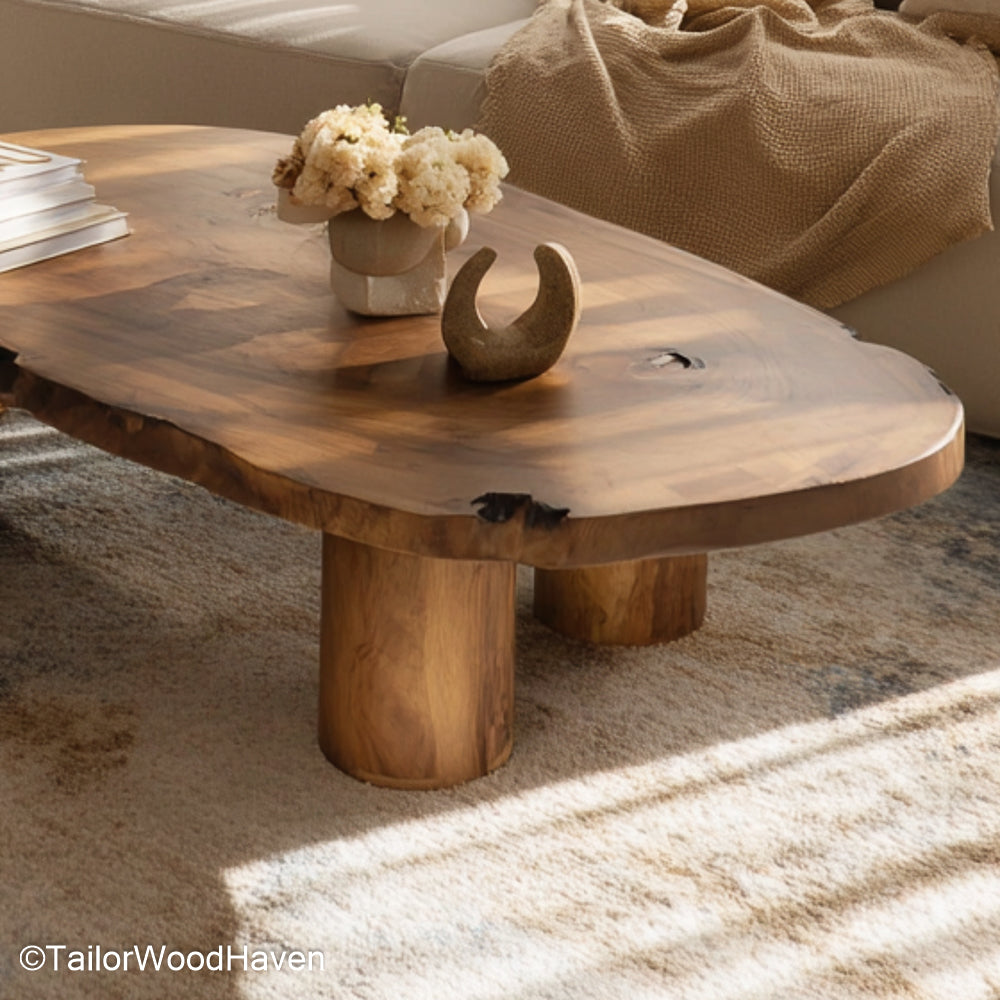 Slab top coffee table crafted from thick wood with a natural edge and smooth surface, supported by minimalist legs for modern rustic interiors