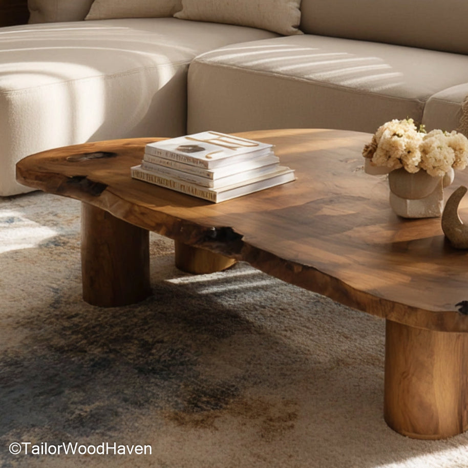 Slab top coffee table crafted from thick wood with a natural edge and smooth surface, supported by minimalist legs for modern rustic interiors
