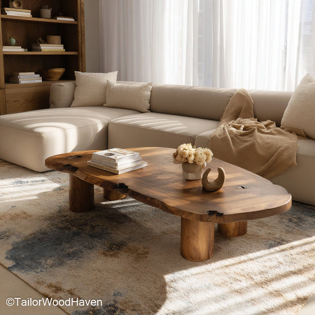 Slab top coffee table crafted from thick wood with a natural edge and smooth surface, supported by minimalist legs for modern rustic interiors