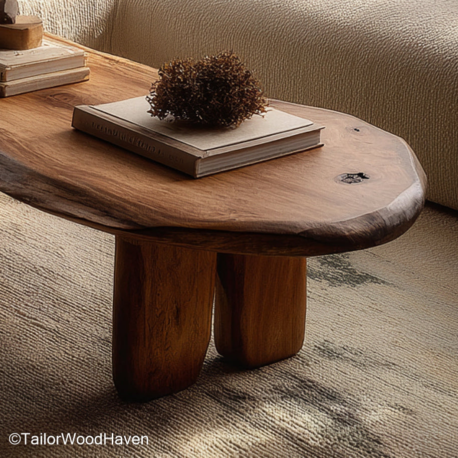 Oval live edge coffee table built from an oval wood slab with visible grain and curved live edge, ideal for contemporary rustic interiors