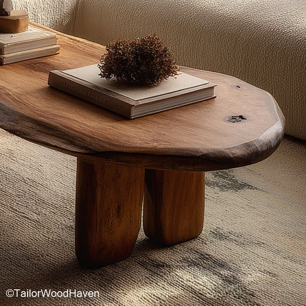 Oval live edge coffee table built from an oval wood slab with visible grain and curved live edge, ideal for contemporary rustic interiors