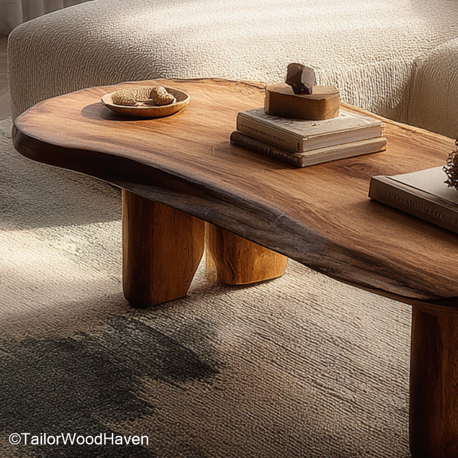 Oval live edge coffee table built from an oval wood slab with visible grain and curved live edge, ideal for contemporary rustic interiors