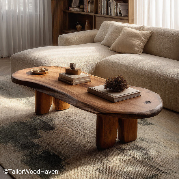 Oval live edge coffee table built from an oval wood slab with visible grain and curved live edge, ideal for contemporary rustic interiors