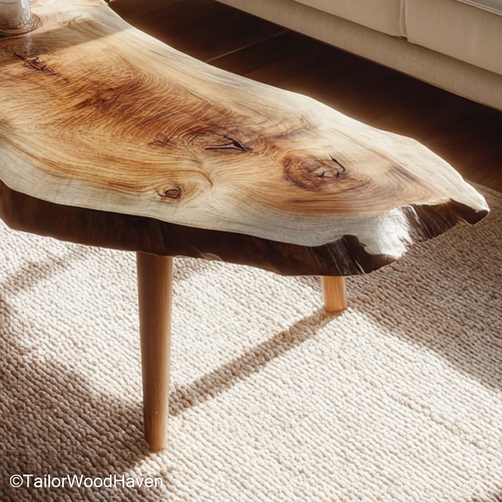 Natural wood live edge coffee table designed with bold grain and clean cut legs, ideal for living spaces that embrace warmth and raw textures