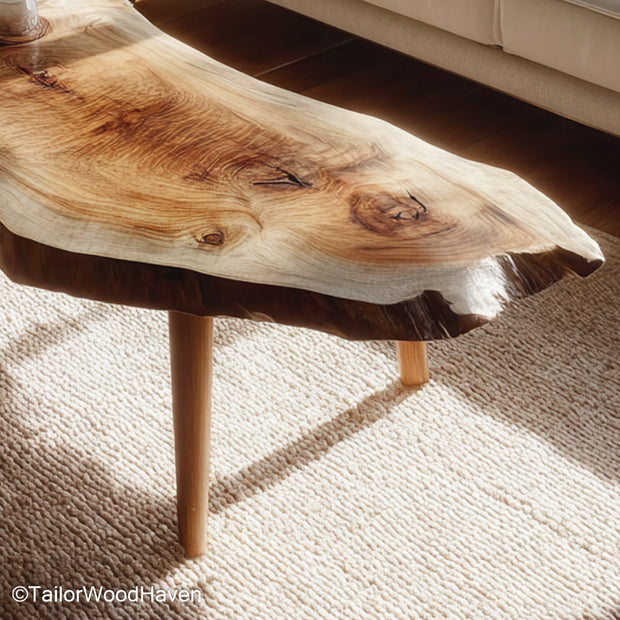 Natural wood live edge coffee table designed with bold grain and clean cut legs, ideal for living spaces that embrace warmth and raw textures