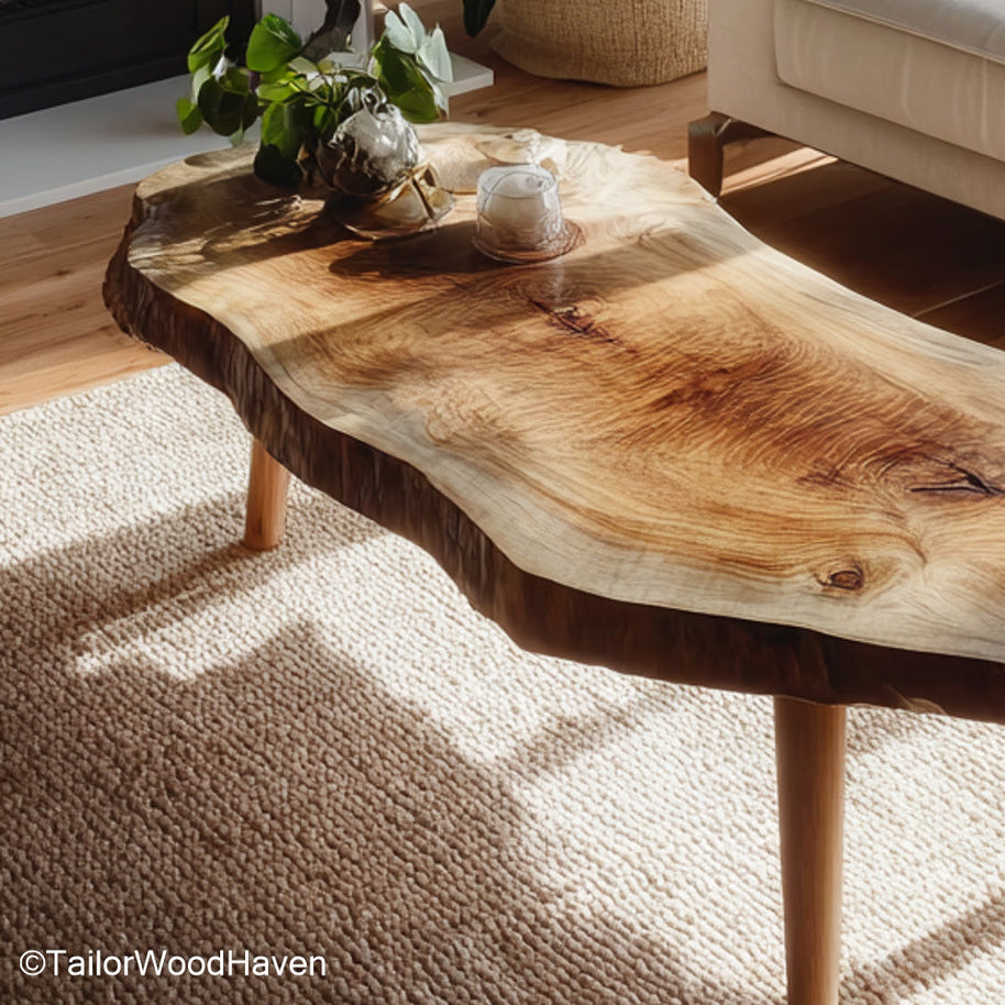Natural wood live edge coffee table designed with bold grain and clean cut legs, ideal for living spaces that embrace warmth and raw textures