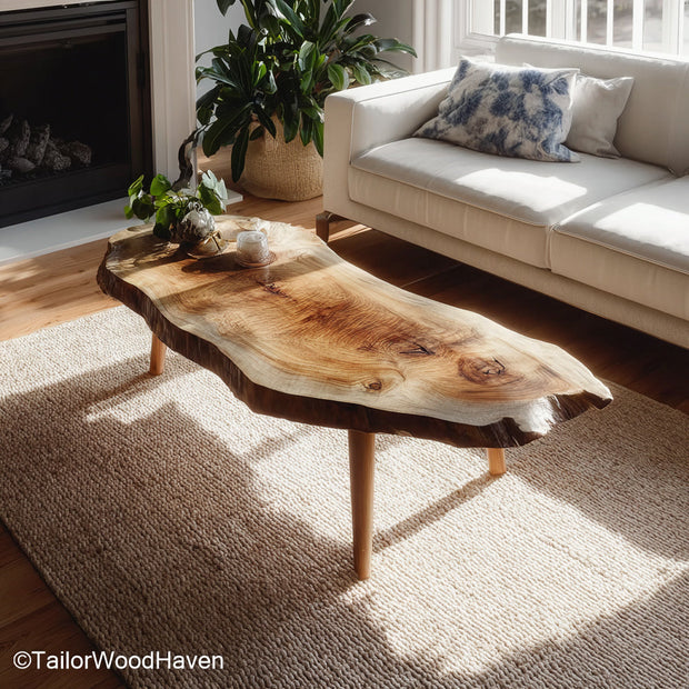 Natural wood live edge coffee table designed with bold grain and clean cut legs, ideal for living spaces that embrace warmth and raw textures