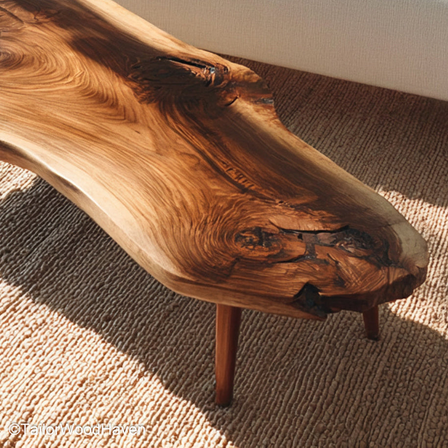 Slab coffee table for sale built from solid hardwood with organic grain and raw texture, a one of a kind slab coffee table for sale online now