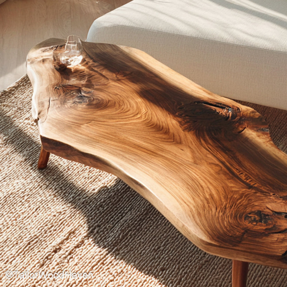 Slab coffee table for sale built from solid hardwood with organic grain and raw texture, a one of a kind slab coffee table for sale online now