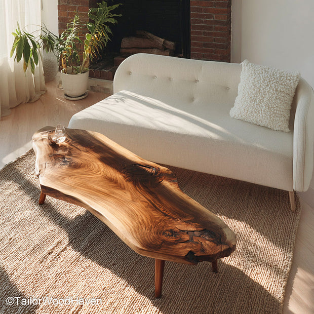 Slab coffee table for sale built from solid hardwood with organic grain and raw texture, a one of a kind slab coffee table for sale online now