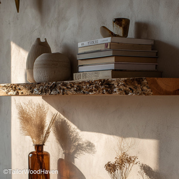 Rustic wooden shelves for wall crafted from real timber with raw edges and hidden brackets, made for farmhouse style kitchens or bathrooms