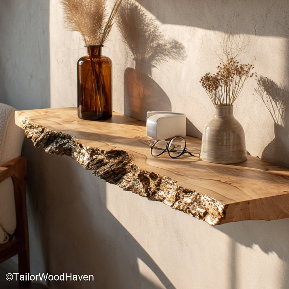 Rustic wooden shelves for wall crafted from real timber with raw edges and hidden brackets, made for farmhouse style kitchens or bathrooms