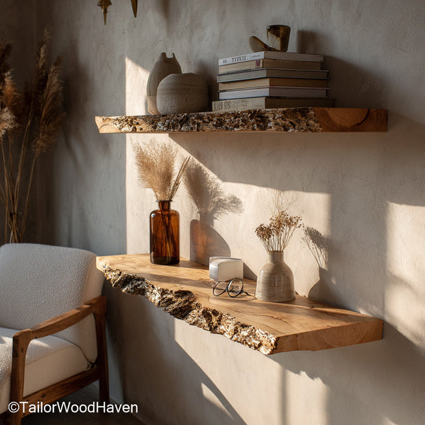 Rustic wooden shelves for wall crafted from real timber with raw edges and hidden brackets, made for farmhouse style kitchens or bathrooms