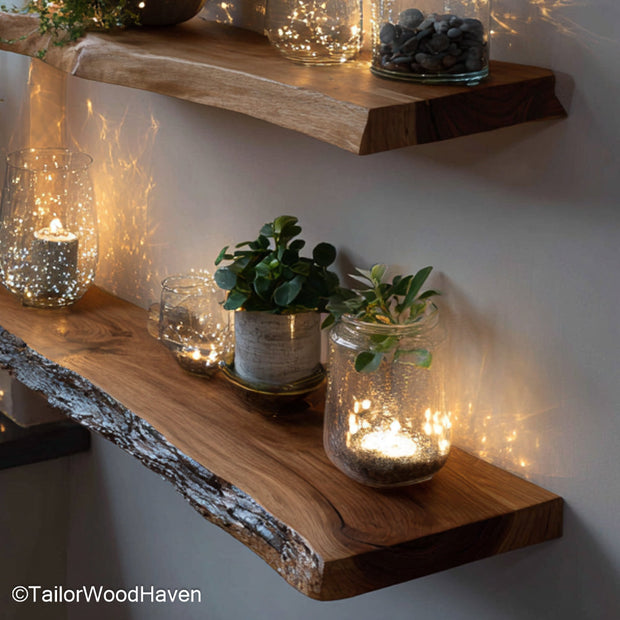 Reclaimed floating shelf handcrafted with upcycled wood and clean edges, this shelf offers character and utility in rustic or industrial interiors