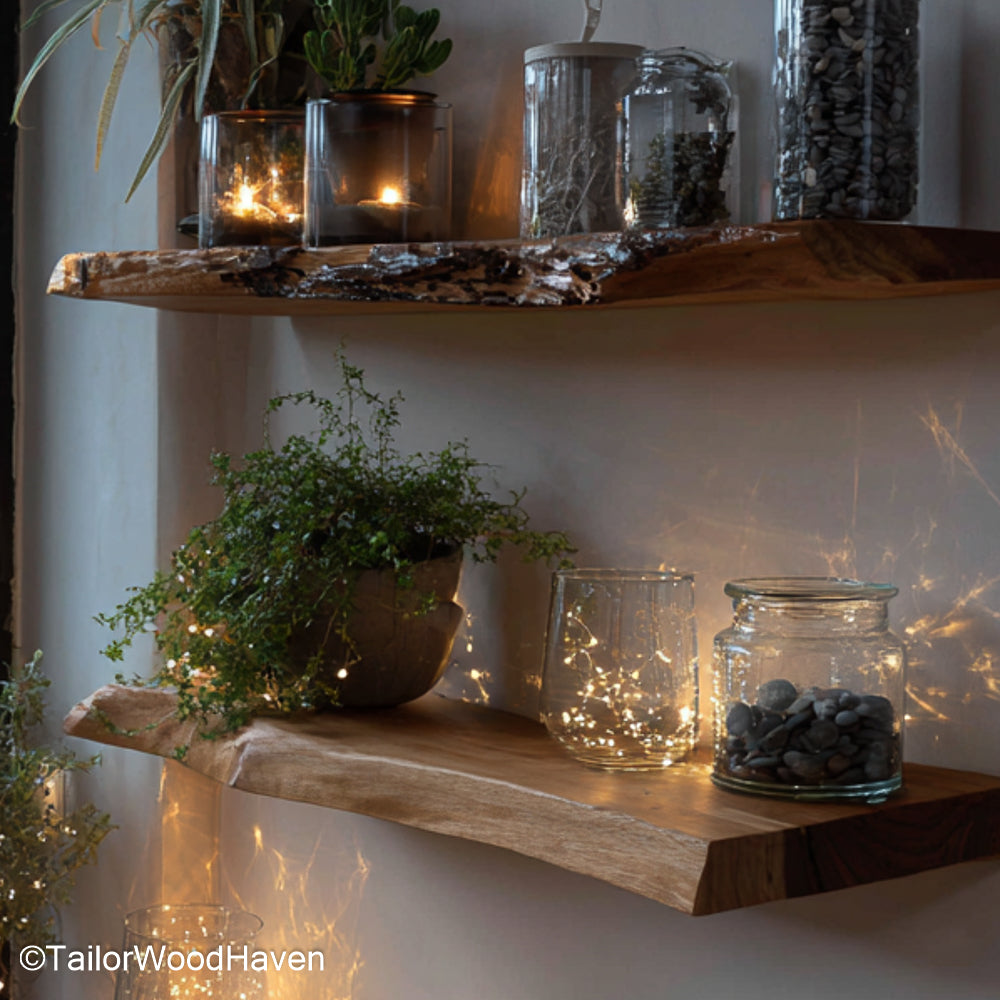 Reclaimed floating shelf handcrafted with upcycled wood and clean edges, this shelf offers character and utility in rustic or industrial interiors