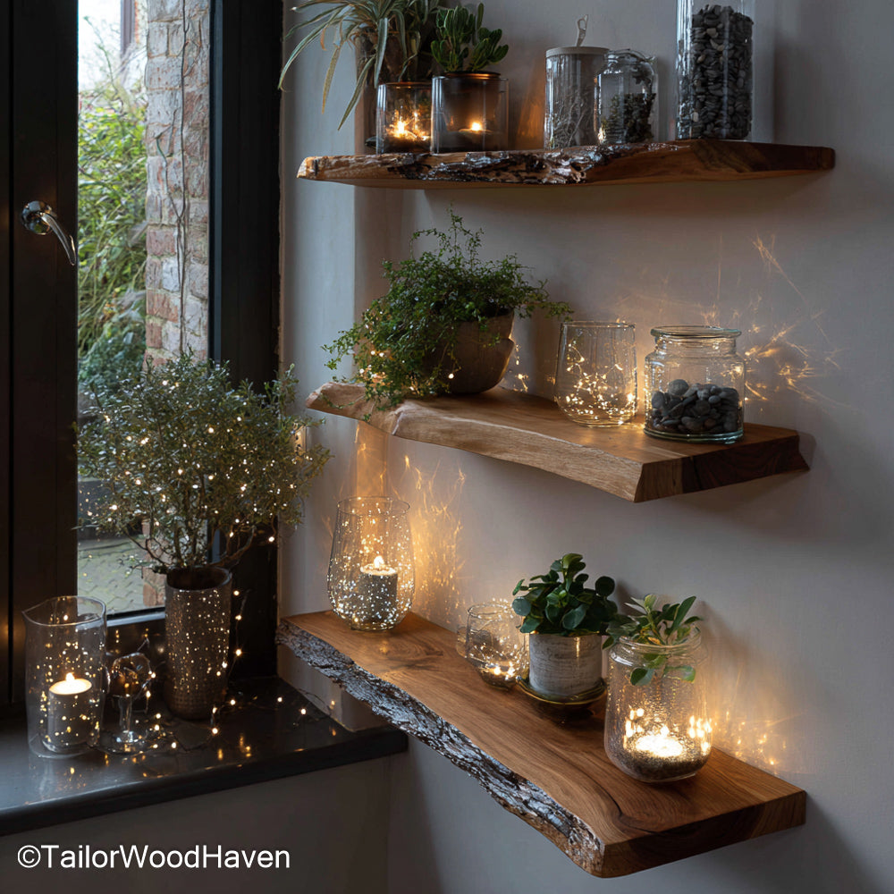 Reclaimed floating shelf handcrafted with upcycled wood and clean edges, this shelf offers character and utility in rustic or industrial interiors