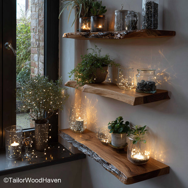 Reclaimed floating shelf handcrafted with upcycled wood and clean edges, this shelf offers character and utility in rustic or industrial interiors