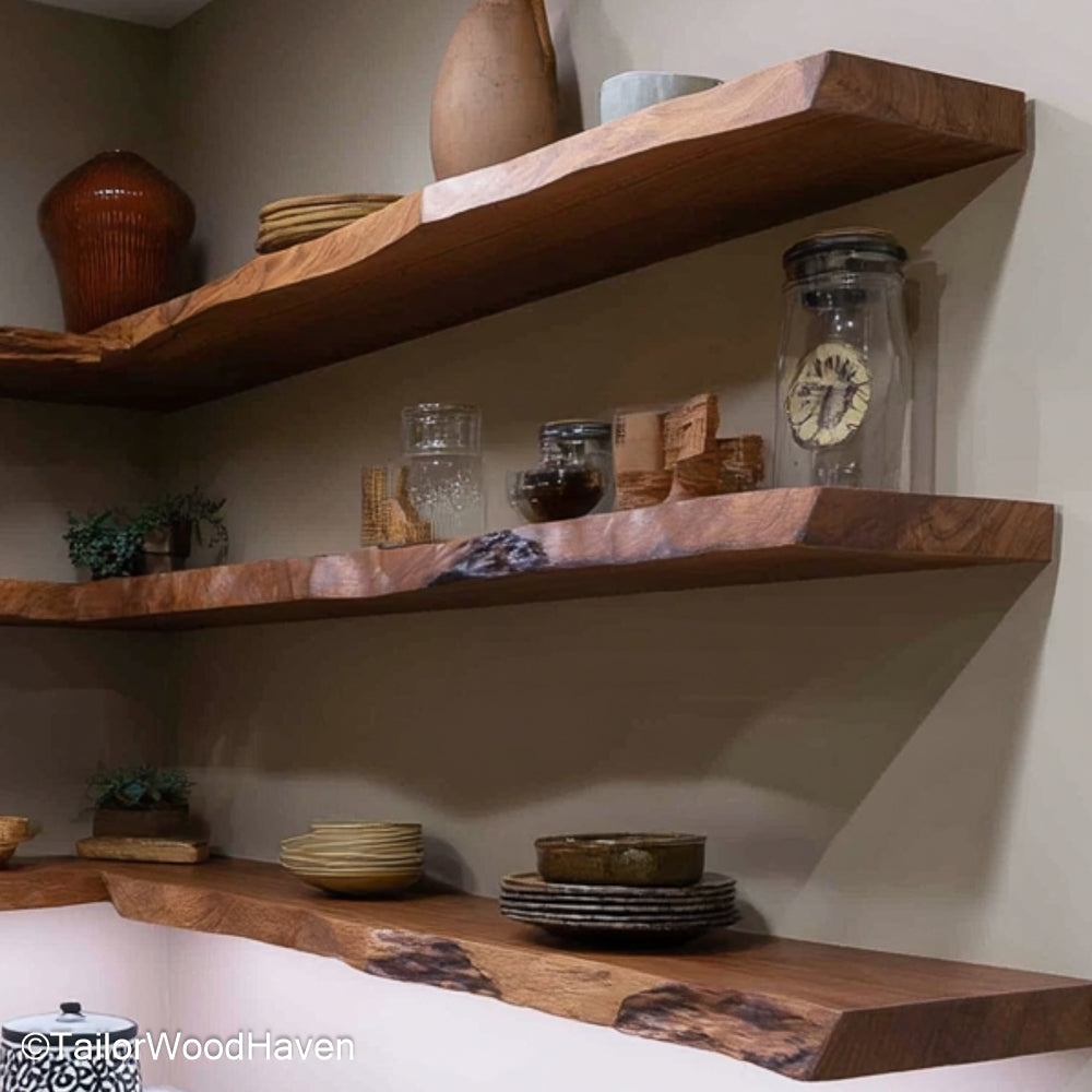 Natural wood floating corner shelves handcrafted in real wood with raw edge detail and wall brackets, perfect for rustic kitchens or entryways
