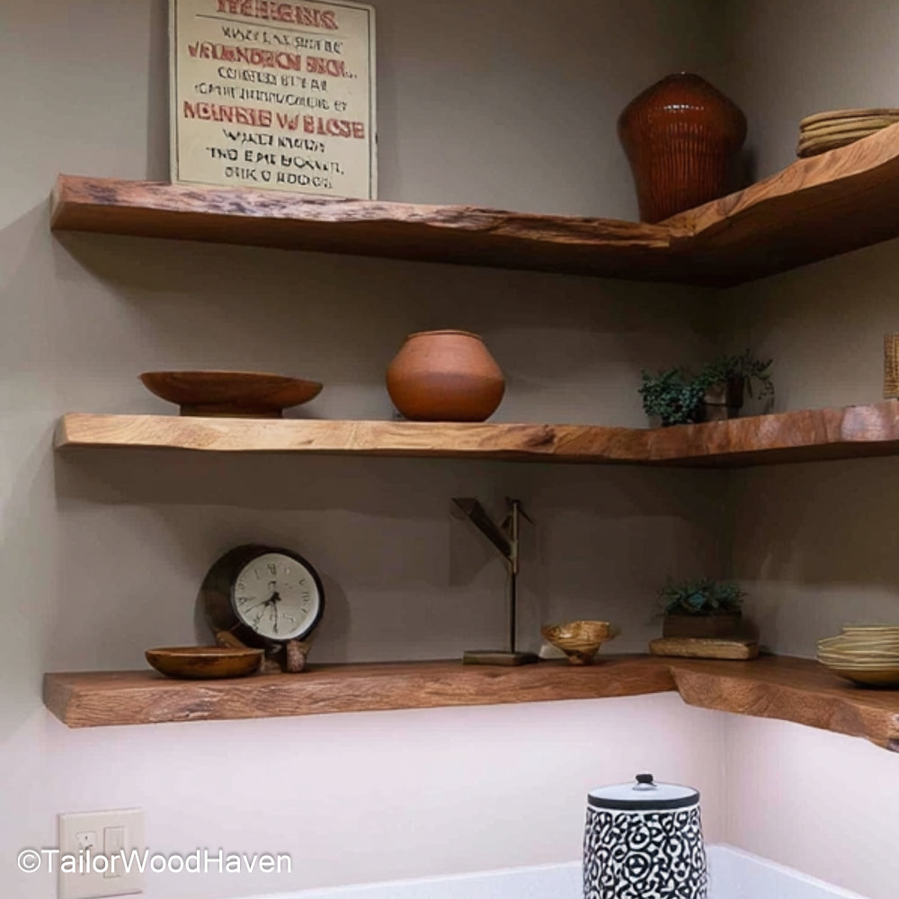 Natural wood floating corner shelves handcrafted in real wood with raw edge detail and wall brackets, perfect for rustic kitchens or entryways