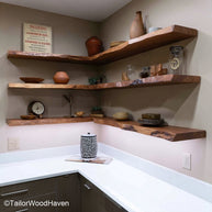 Natural wood floating corner shelves handcrafted in real wood with raw edge detail and wall brackets, perfect for rustic kitchens or entryways