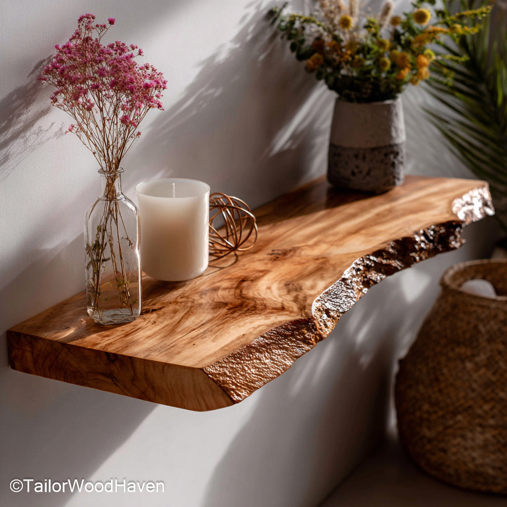 Walnut wood floating shelves made from rich walnut with visible grain and slim floating form, perfect for minimalist or farmhouse interiors