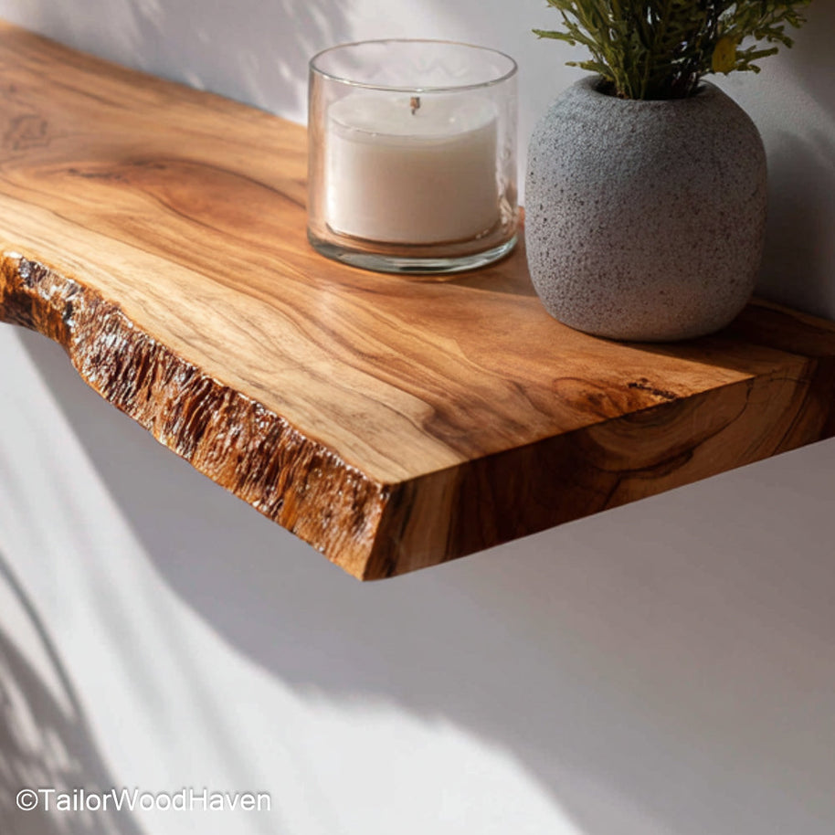 Walnut wall shelf crafted from solid walnut wood with a smooth sealed surface and hidden bracket mount, ideal for modern or rustic living walls