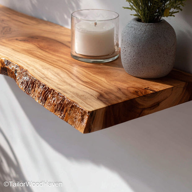 Walnut wall shelf crafted from solid walnut wood with a smooth sealed surface and hidden bracket mount, ideal for modern or rustic living walls