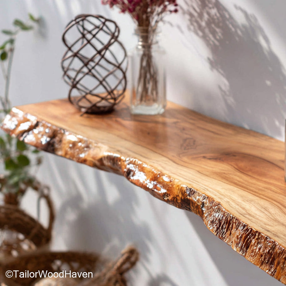 Walnut wall shelf crafted from solid walnut wood with a smooth sealed surface and hidden bracket mount, ideal for modern or rustic living walls