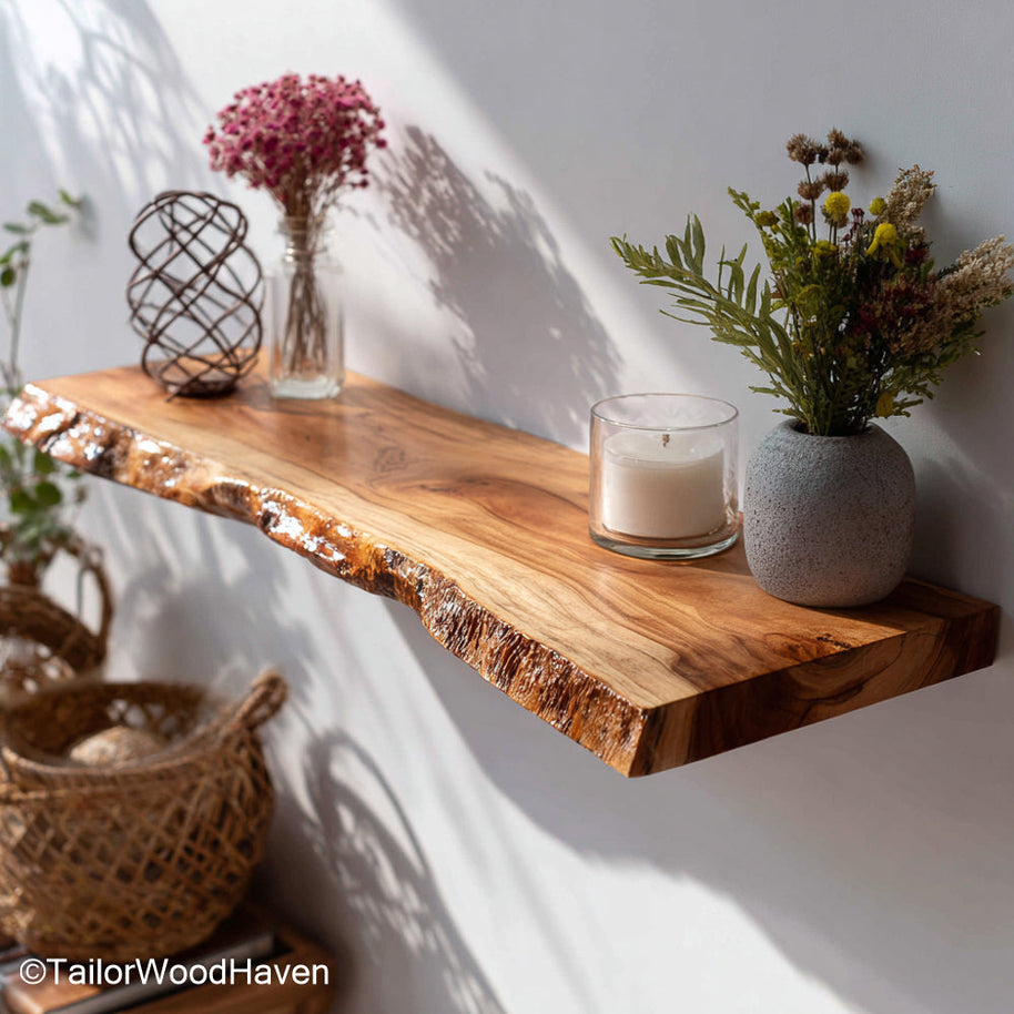 Walnut wall shelf crafted from solid walnut wood with a smooth sealed surface and hidden bracket mount, ideal for modern or rustic living walls