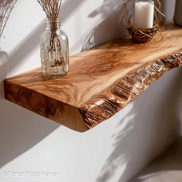 Farmhouse wall shelf crafted from solid wood with soft matte finish and floating hardware, perfect for cozy interiors and countryside style walls