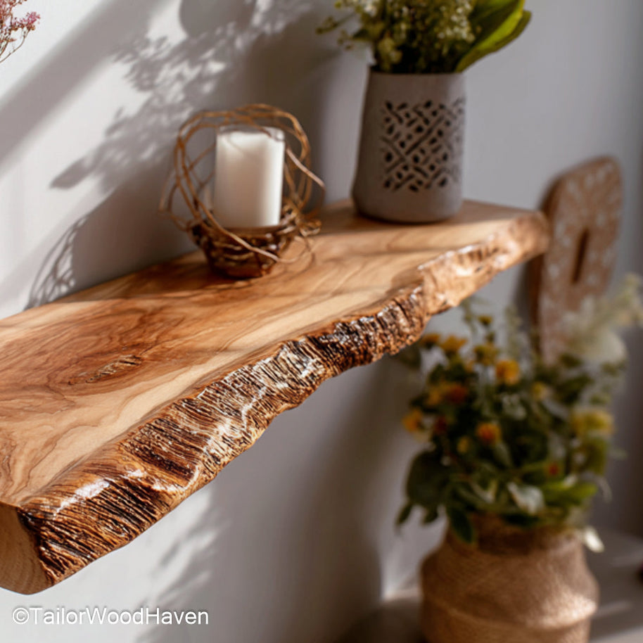 Farmhouse wall shelf crafted from solid wood with soft matte finish and floating hardware, perfect for cozy interiors and countryside style walls